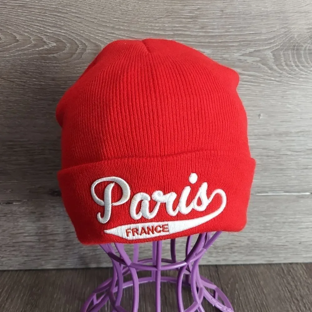 Red Paris France Cuffed Beanie